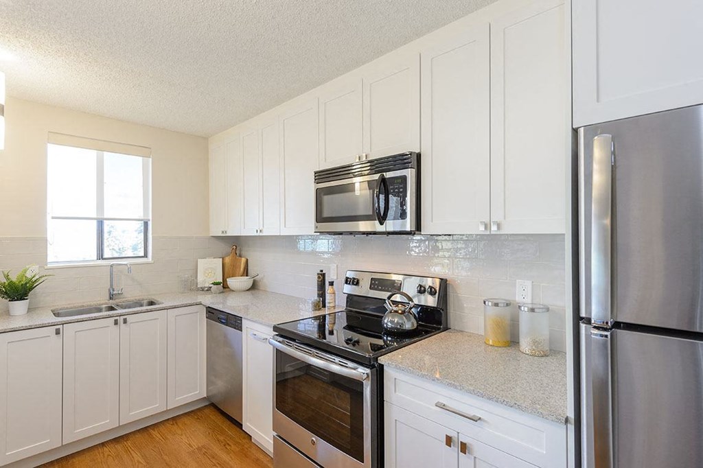 kitchen with stainless steel appliances and storage at Surrey Village in Surrey BC