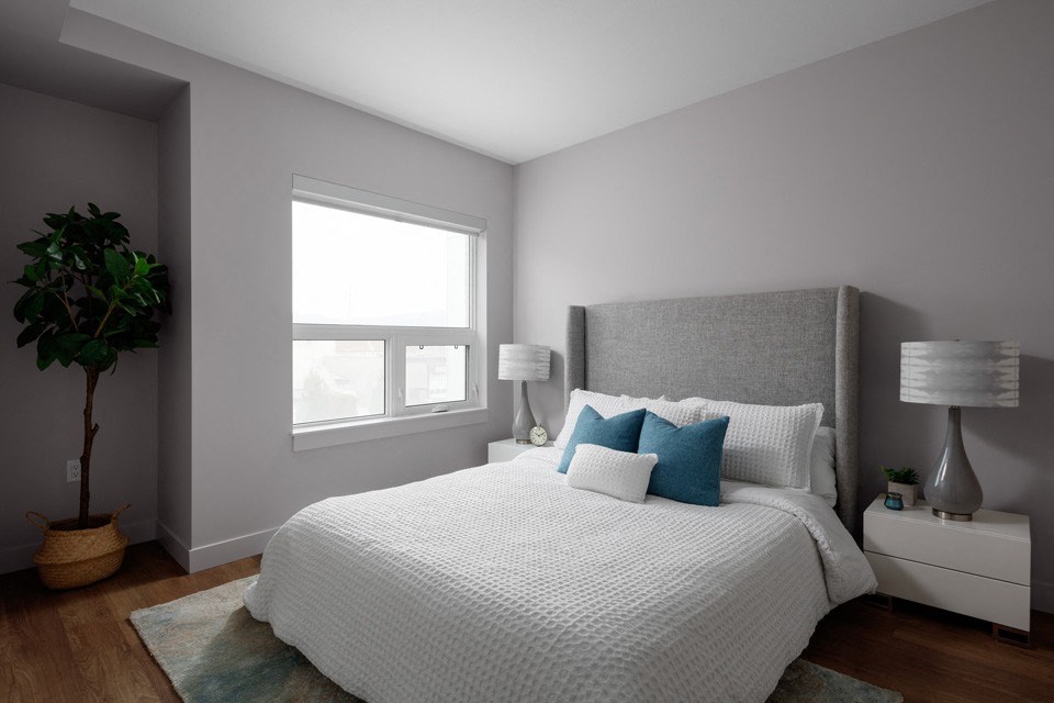 A bedroom with a large bed, a potted plant, and two lamps at The Ambrosi in Kelowna, BC.