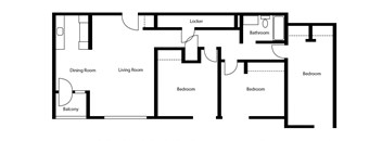 Three bedroom, one bathroom apartment layout at Tarawood Place in Peterborough, ON