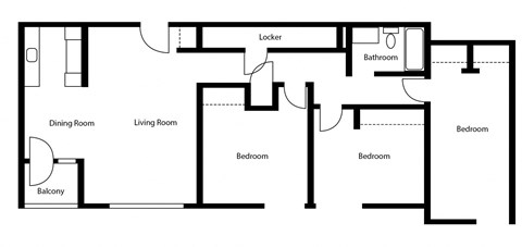 Three bedroom, one bathroom apartment layout at Tarawood Place in Peterborough, ON
