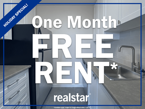 a one month free rent advert in a kitchen with a sink