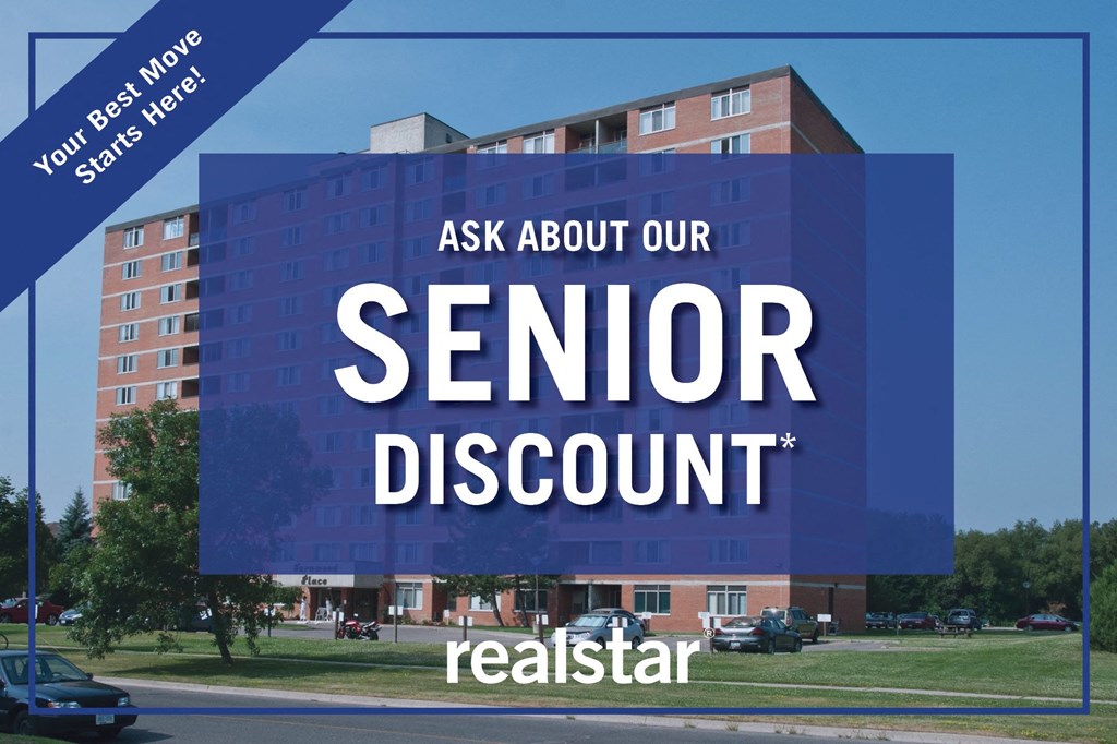 a blue building with the text ask about our senior discount