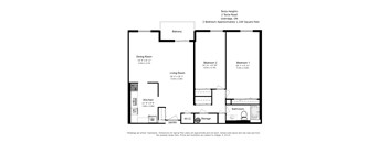 A floor plan of a two bedroom, one bathroom apartment at Testa Heights in Uxbridge, ON.