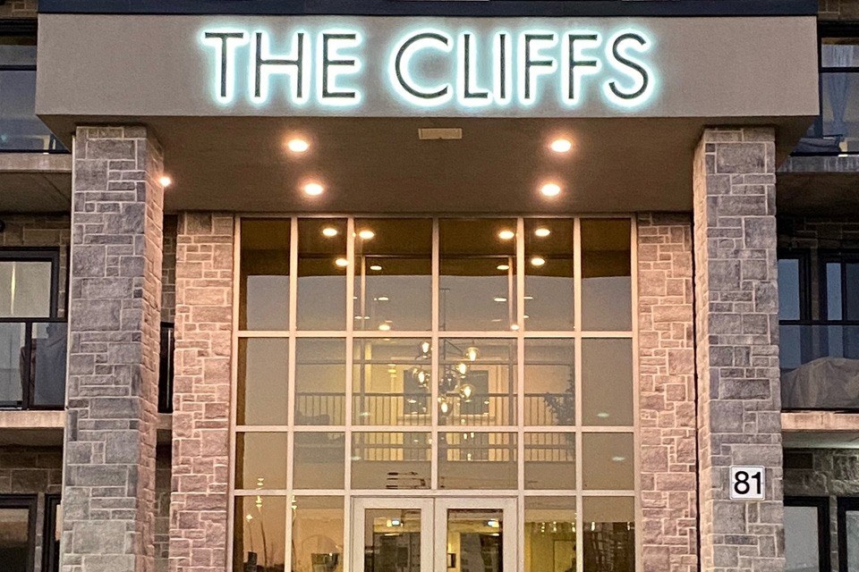 The Cliffs at Dellridge close up of building entrance in Bedford, NS