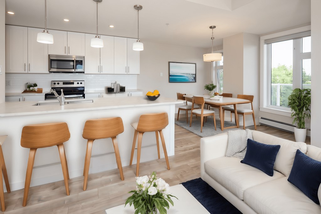 a living room with a kitchen and a dining room