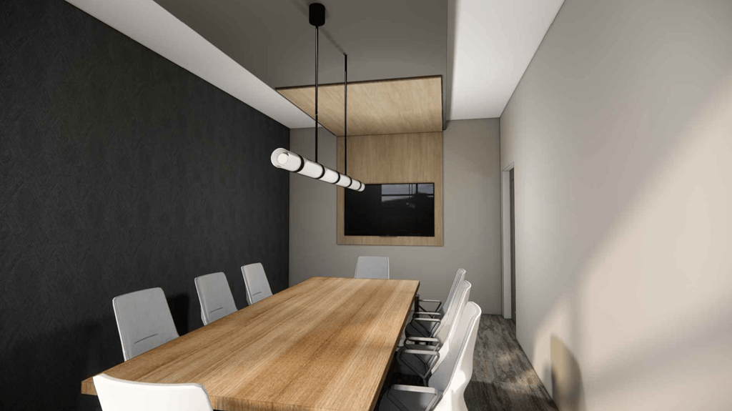 a conference room with a wooden table and chairs