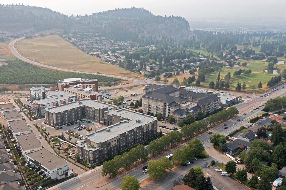 The Conservatory in Kelowna, BC drone image of building