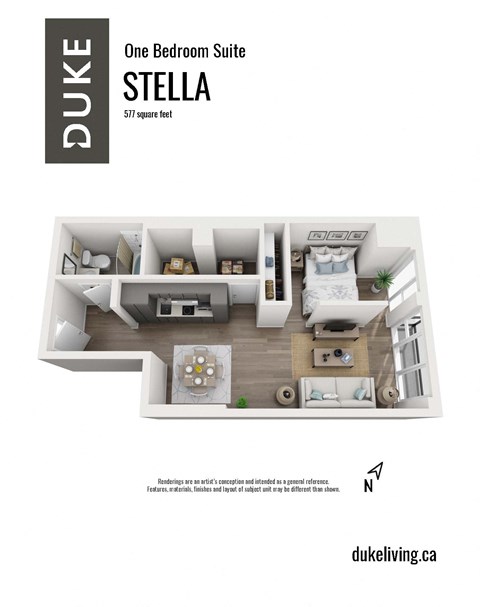 1 bedroom 1 bath apartment floor plan at The Duke