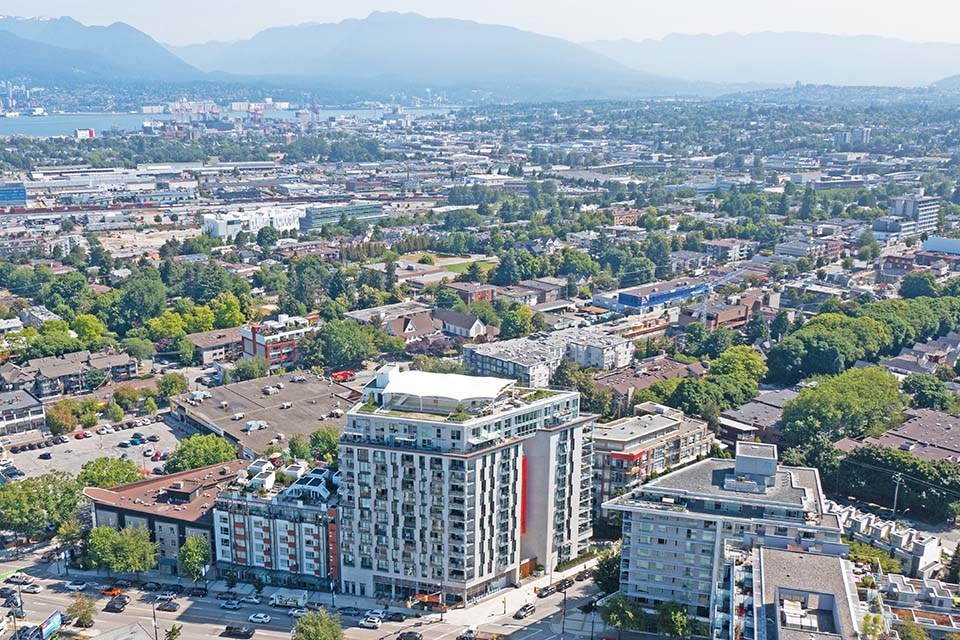 The Duke in Vancouver, BC drone image of building