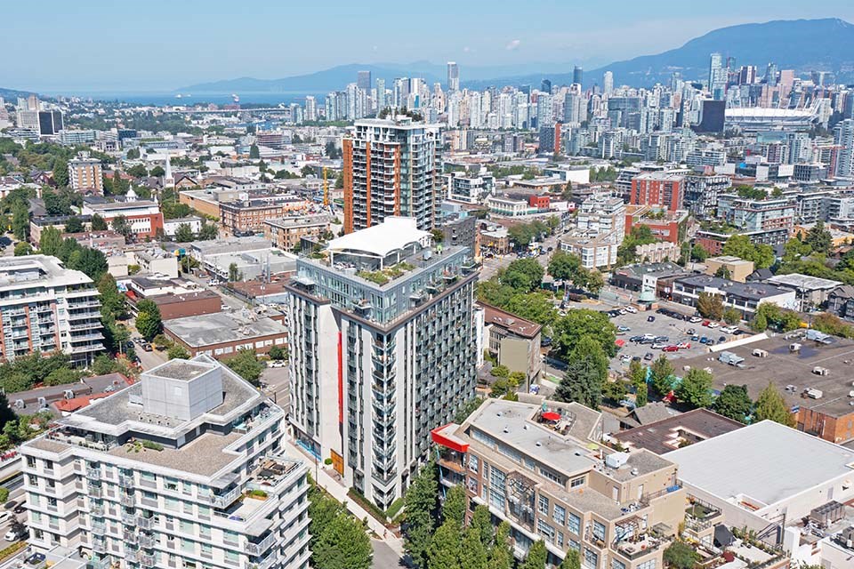 The Duke in Vancouver, BC drone image of building