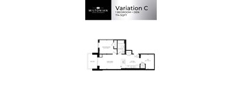 A floor plan for a 1 bedroom apartment with den is shown.
