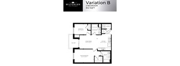 A floor plan for a 2 bedroom apartment sized 842 square feet.