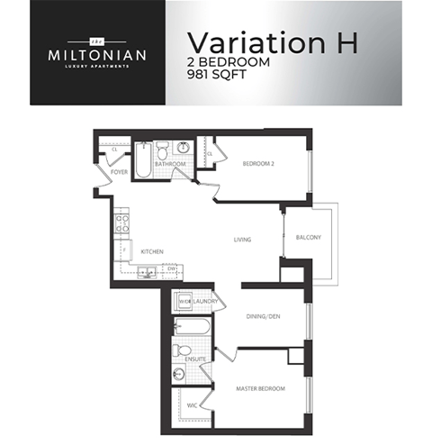 the floor plan of variation h 2 bedroom apt