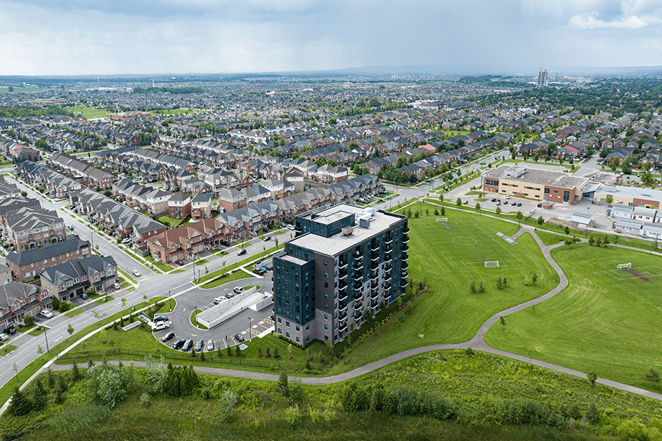 The Miltonian Apartments building drone exterior in Milton, ON