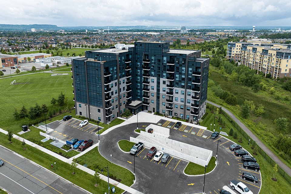 The Miltonian Apartments building drone exterior in Milton, ON