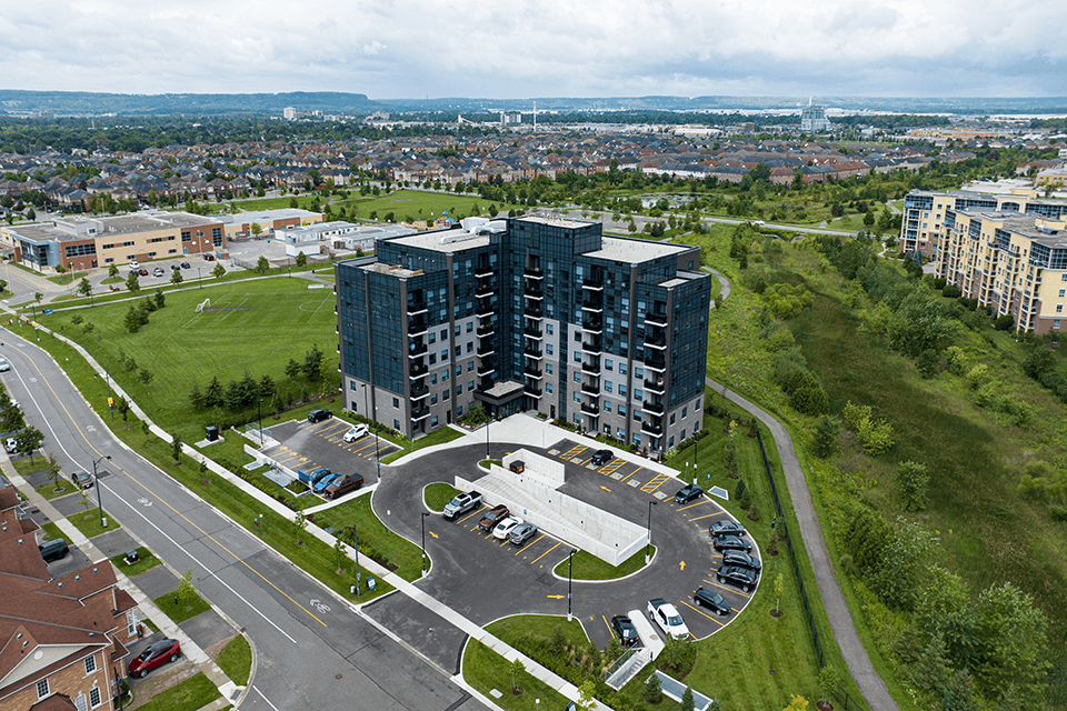 The Miltonian Apartments building drone exterior in Milton, ON