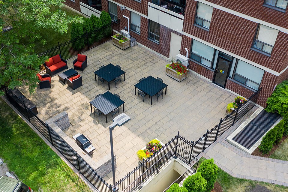 The Parkwood drone image of patio with patio furniture in Bellville, ON