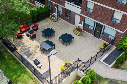 The Parkwood drone image of patio with patio furniture in Bellville, ON