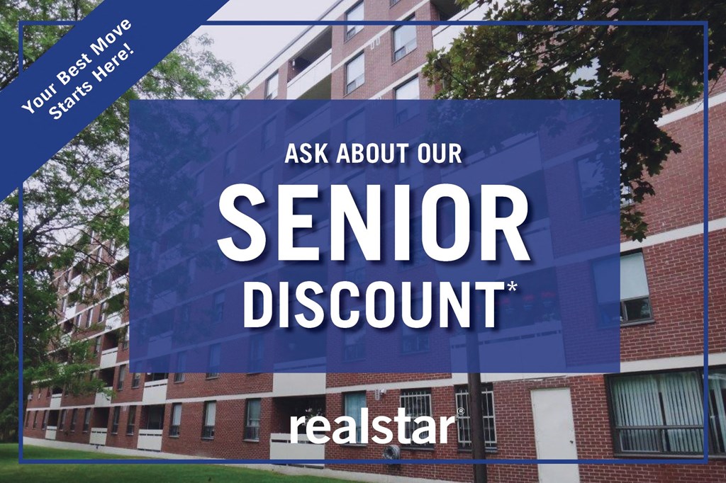 a blue sign that reads ask about our senior discount