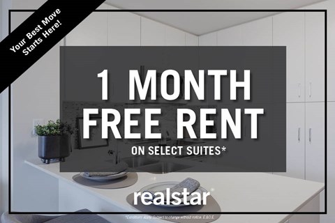 A promotional image for a 1 month free rent offer on select suites by realstar.