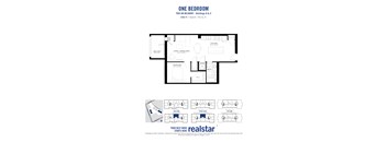 A floor plan for a one bedroom apartment is shown.