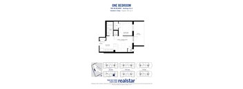 A black and white image of a one bedroom apartment layout.