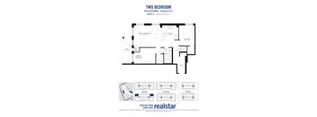 A black and white image of a two bedroom apartment layout.
