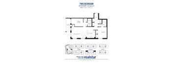 A black and white image of a two bedroom apartment floor plan.