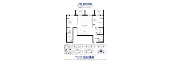 A black and white image of a two bedroom apartment layout.