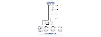 A floor plan for a one bedroom apartment with a realstar logo at the bottom.