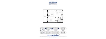 A floor plan for a one bedroom apartment is shown.
