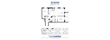 A black and white image of a two bedroom apartment layout.