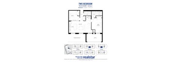 A black and white image of a two bedroom apartment layout.