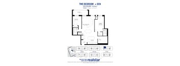 A floor plan for a two bedroom plus den apartment.