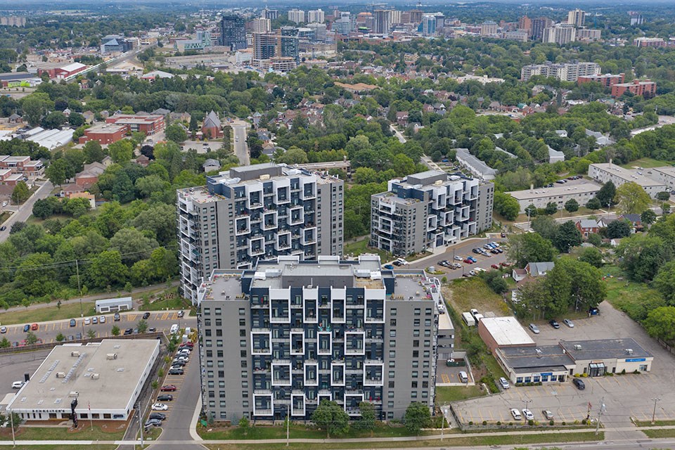 Trio On Belmont drone image of exterior of building in Kitchener, ON