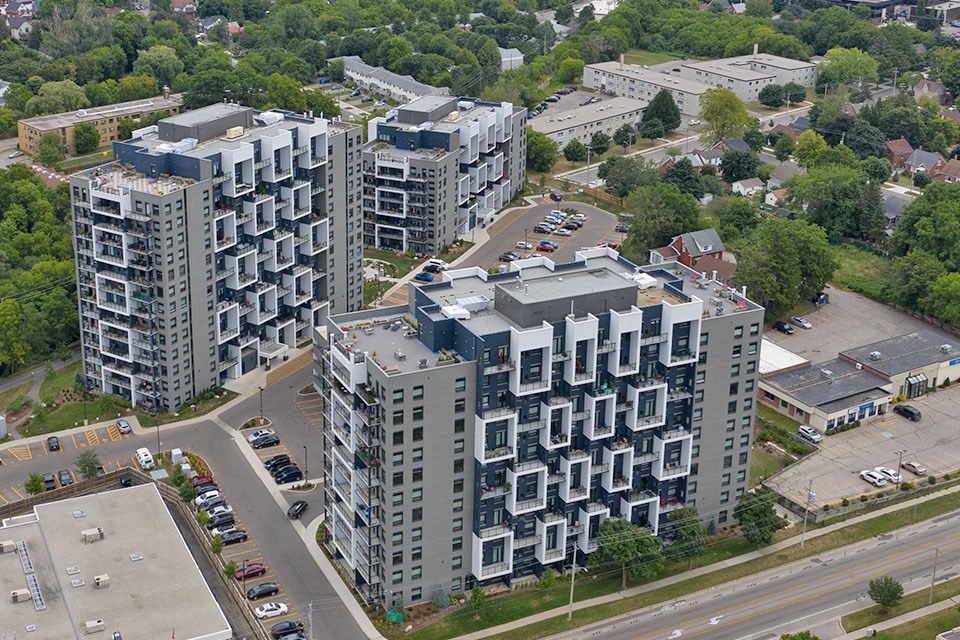 Trio On Belmont drone image of exterior of building in Kitchener, ON