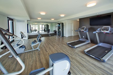 Fitness centre with cardio machines and free weight, yoga/stretching area seen in background at Trio on Belmont (Building B) in Kitchener, ON