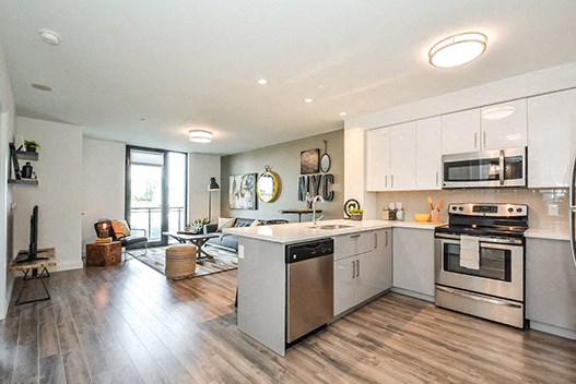 Trio On Belmont open concept kitchen with view of living room in Kitchener, ON