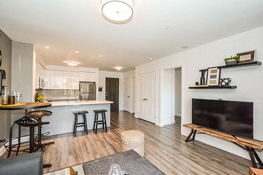 Trio On Belmont spacious living room with view of kitchen in Kitchener, ON