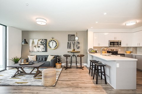 a living area with a kitchen and a dining table