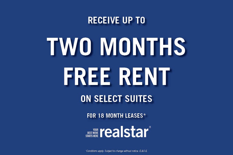 An advertisement for free rent on select suites for 18 month leases.