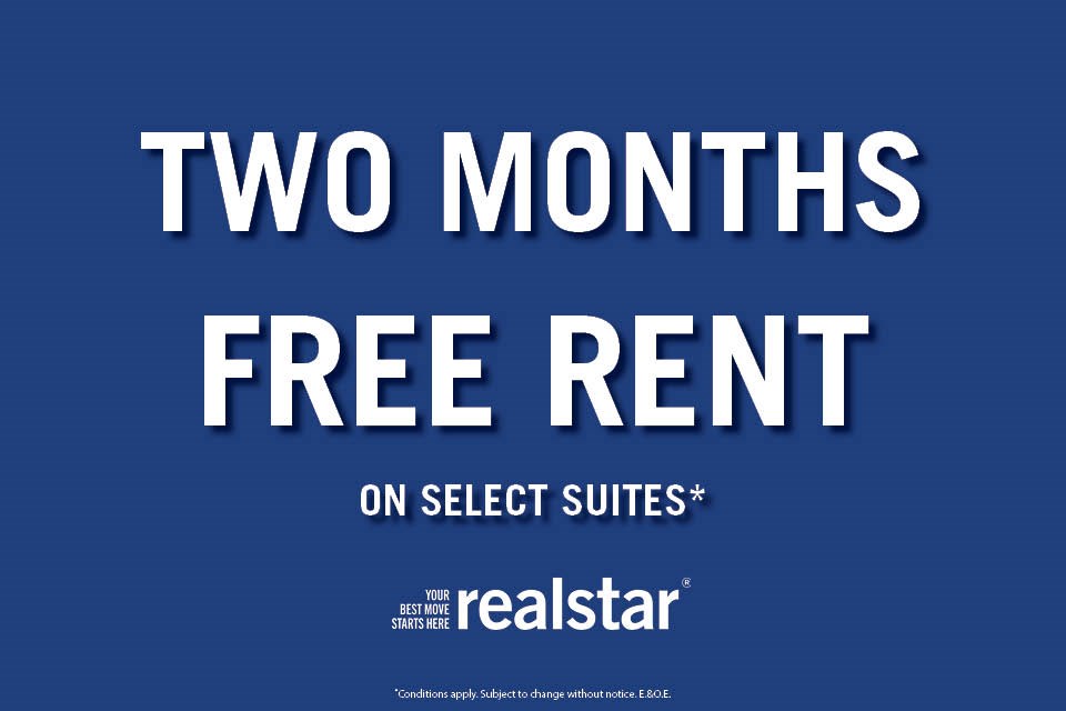 A blue advertisement for two months free rent on select suites.