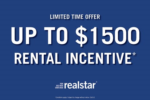 A blue advertisement for a limited time rental incentive of up to $1500 from Realstar.