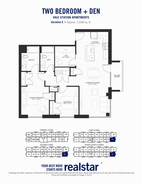 a floor plan of two bedrooms and a den