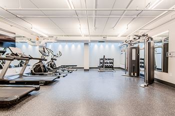 Gym with treadmills and elliptical cardio machines and weight lifting equipment at Vale Station Apartments in Waterloo, Ontario