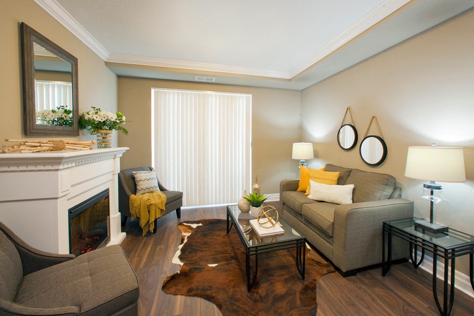 Juliana Place Apartments living room featuring fireplace in Woodstock, ON