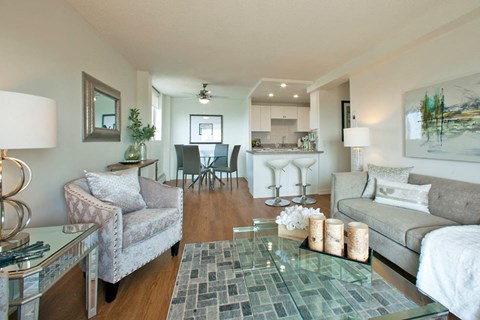 A well-lit living room with a glass coffee table and a grey sofa.