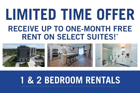 A promotional image for a limited time offer of up to one-month free rent on select suites.