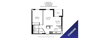 One bedroom, one bathroom apartment layout at Waverly Place in St. Catharines, ON