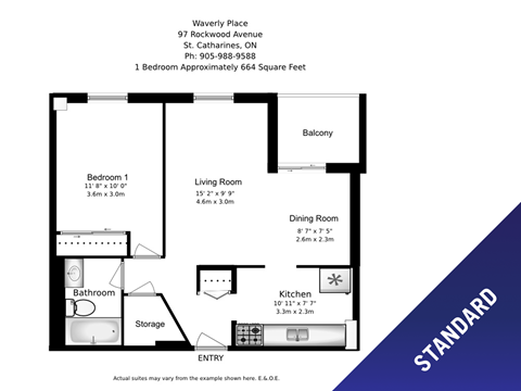 One bedroom, one bathroom apartment layout at Waverly Place in St. Catharines, ON